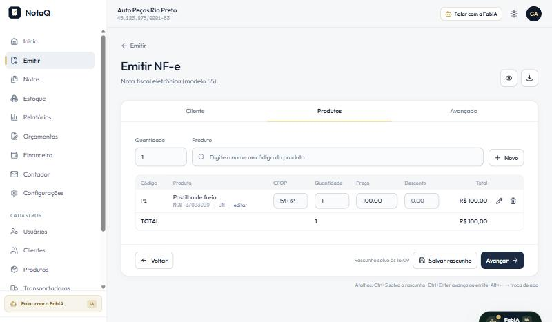 Tela de emissão de NF-e do NotaQ, com cliente e produto preenchidos